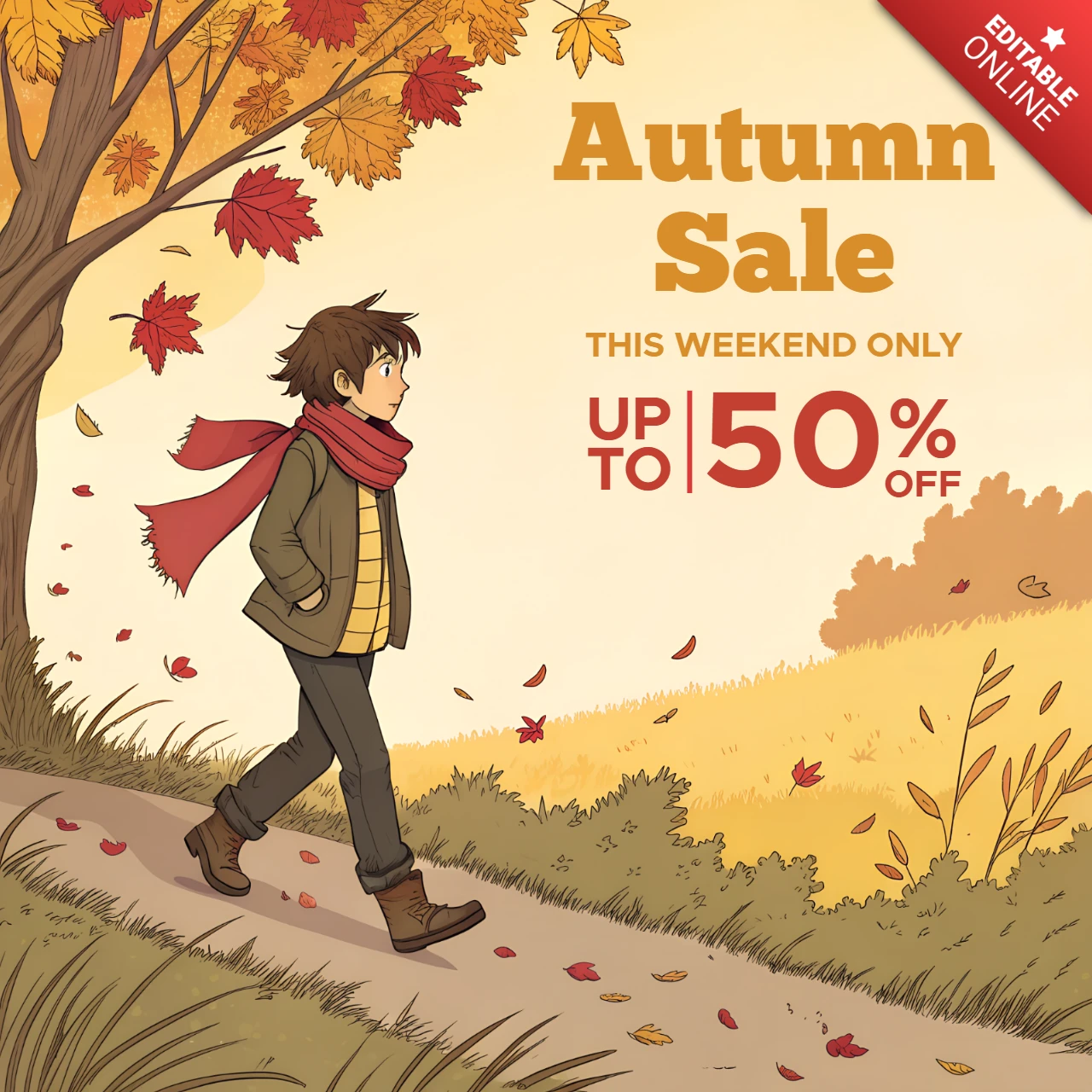Herbstverkaufsdesignvorlage mit Junge, der durch fallende Blätter geht, für Werbeflyer