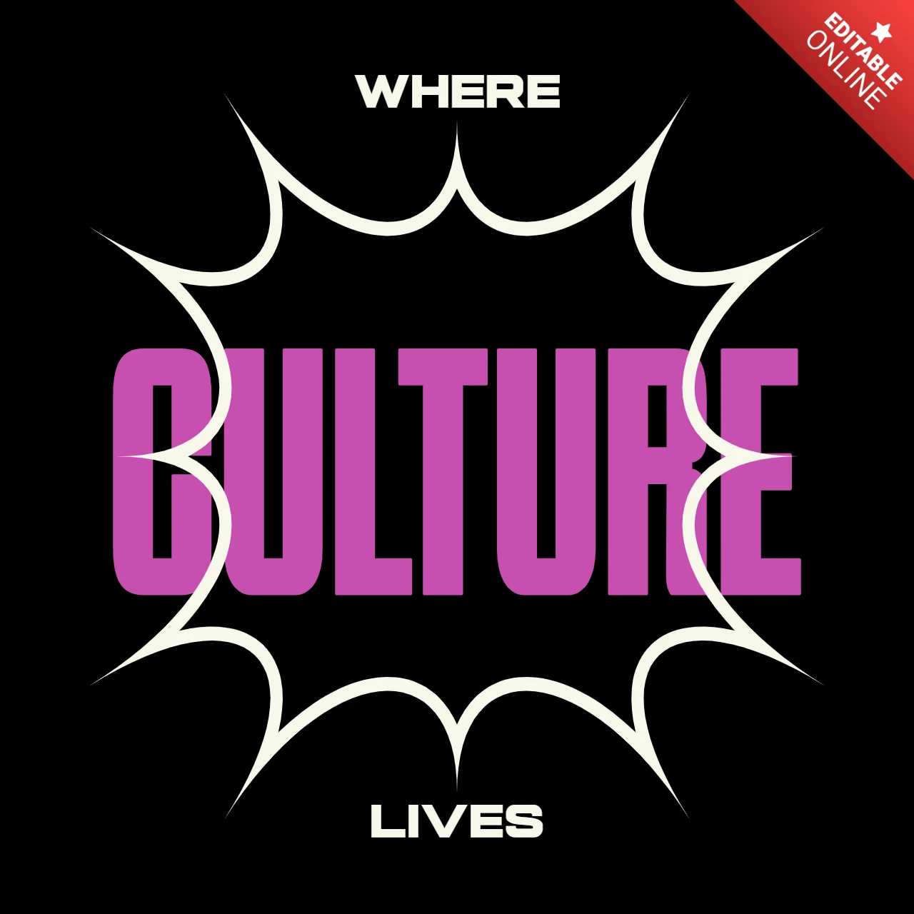 Wo Kultur lebt, mutige Comic-Explosion Typografie mit lila Mittelpunkt T-Shirt-Designvorlage