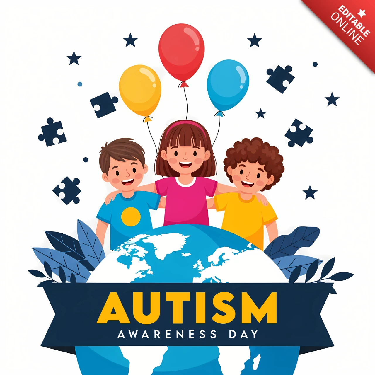 Template di design per la giornata della consapevolezza dell'autismo con bambini e palloncini per poster