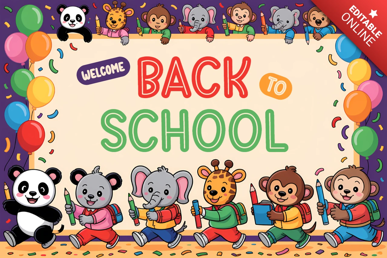 Buntes Schulanfangs-Design-Template mit niedlichen Tiercharakteren für Klassenzimmerdekorationen
