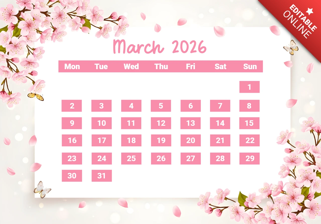 Calendario de pared de marzo de 2026 con flores, mariposas y estilo decorativo de primavera.