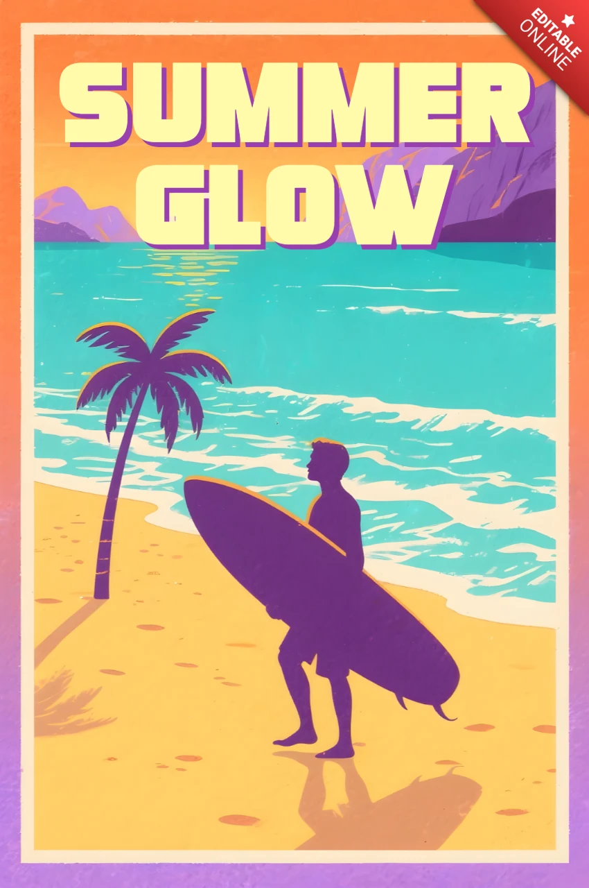 Retro Flat Summer Glow Beach Design Template for Surf Posters