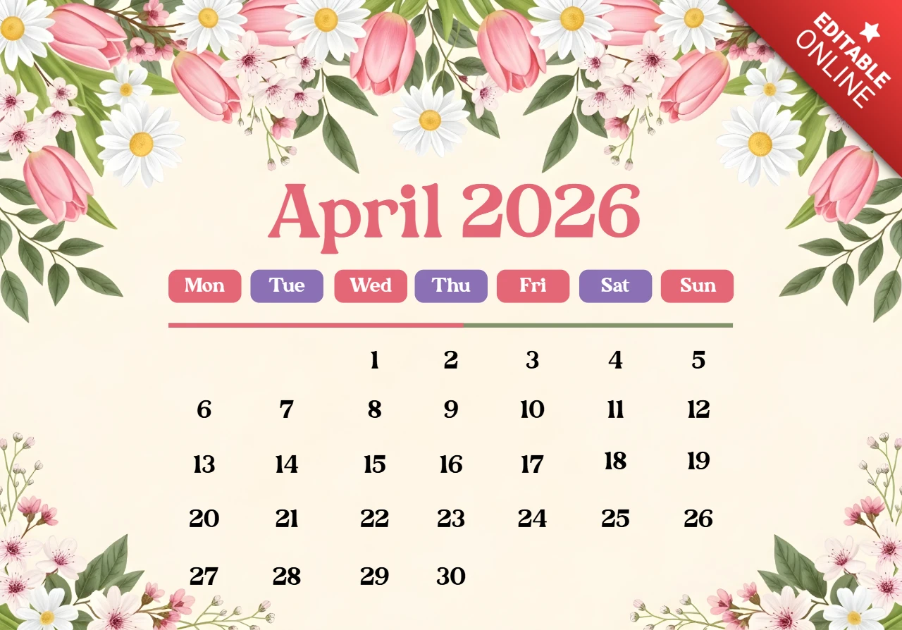 Póster del calendario de abril de 2026 — cuadros coloridos de días de la semana con tulipanes, margaritas y tema de borde decorativo