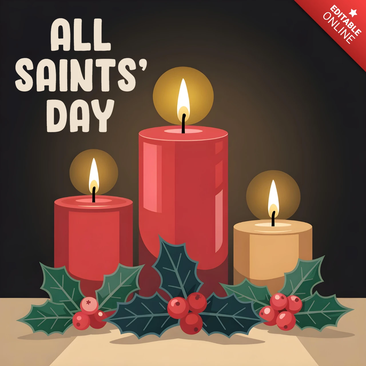 Christliche Feiertagskerzenlichtszene mit saisonalem Grün und November-Hommage Grußkartendesign für den Allerheiligentag.