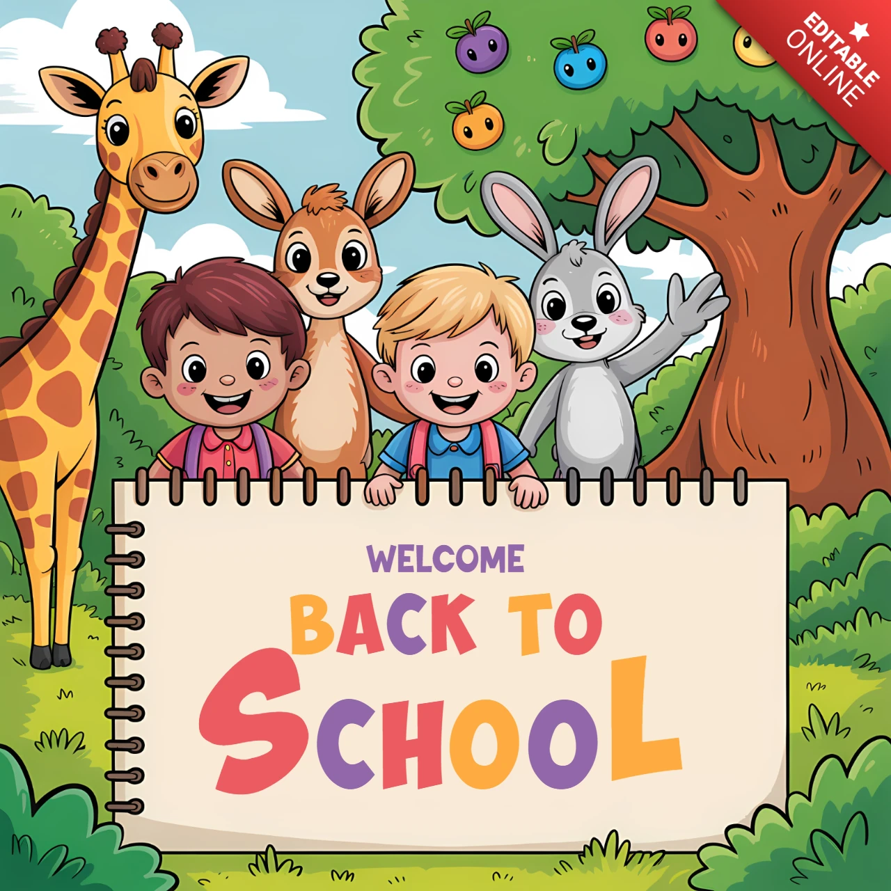 子供たちの学校に戻るデザインテンプレート、楽しい教室の装飾のためのカートゥーン動物付き