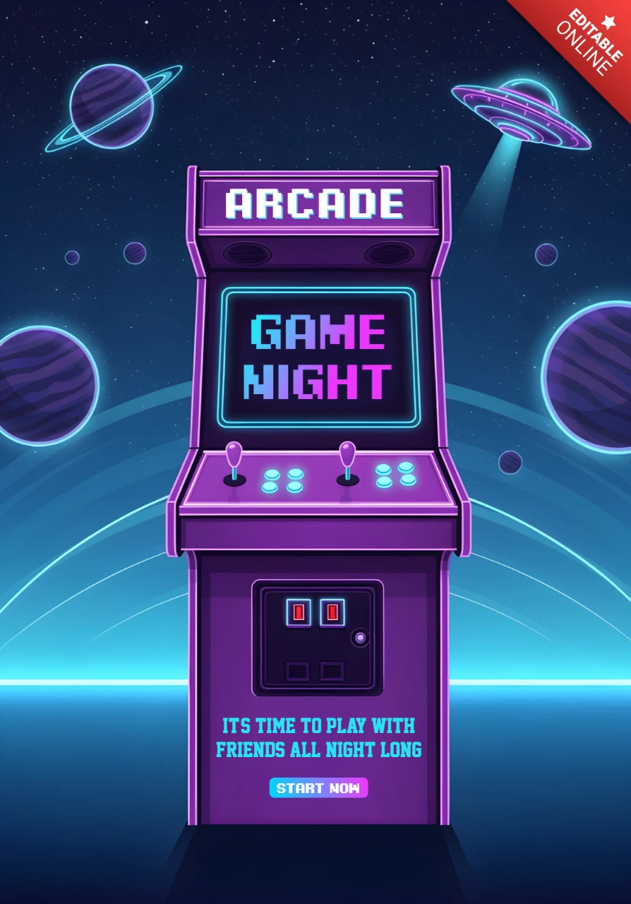 Retro Arcade Game Night Template with Neon Design for Event Flyers