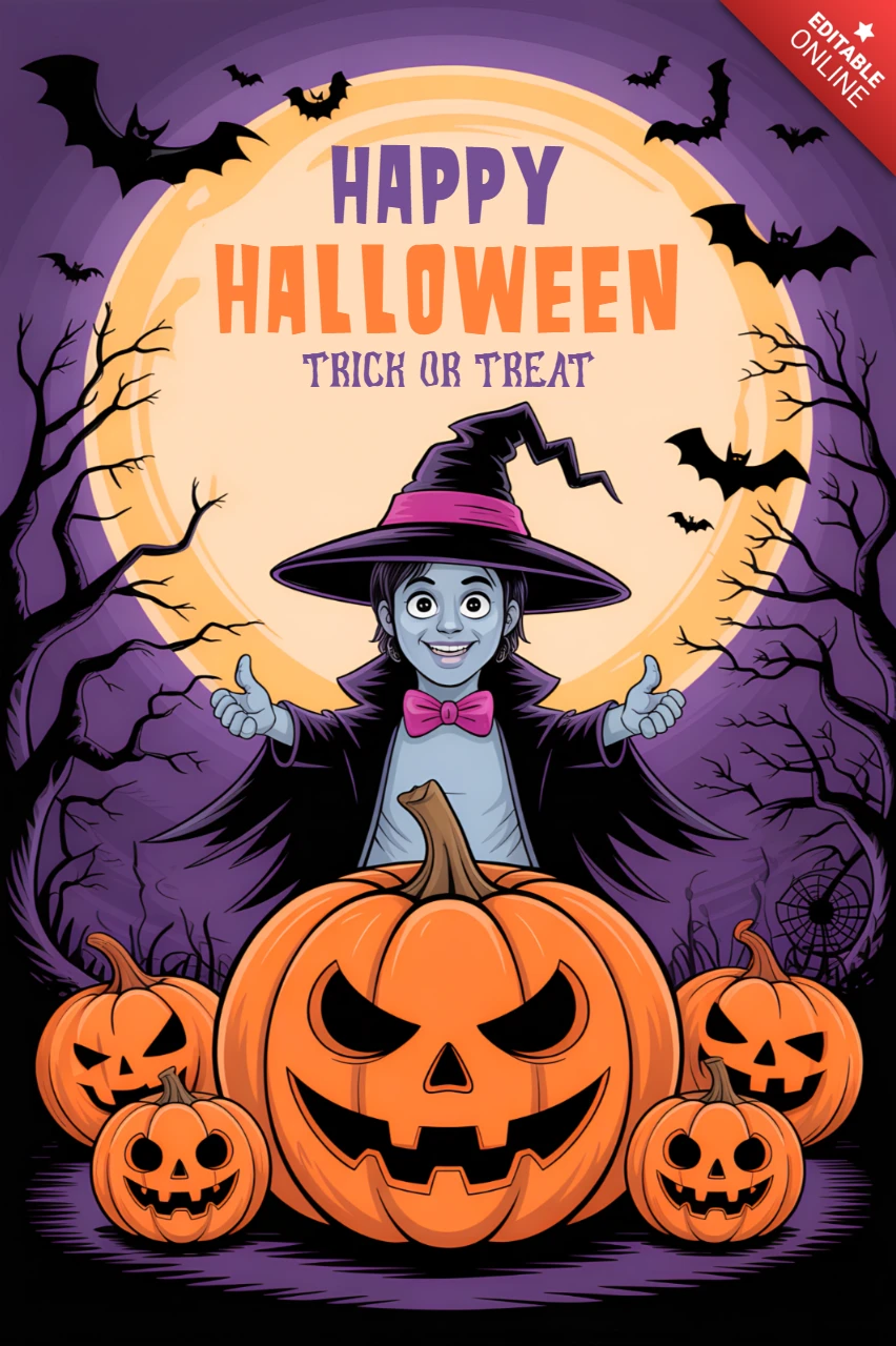 ハロウィンのパーティー招待状用の魔女とカボチャのスプーキーなデザインテンプレート