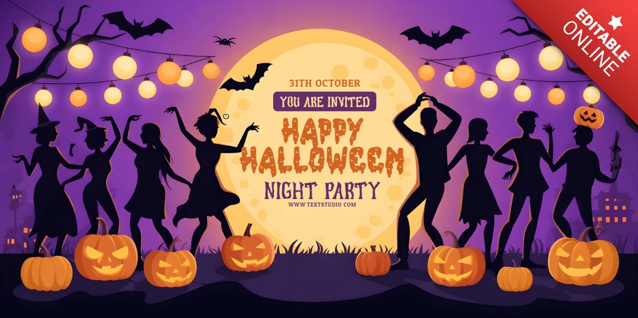 Joyeuse fête d'Halloween, modèle de couverture Facebook pour une fête dansante en plein air avec des chauves-souris, des fantômes et des bonbons ou un sort.