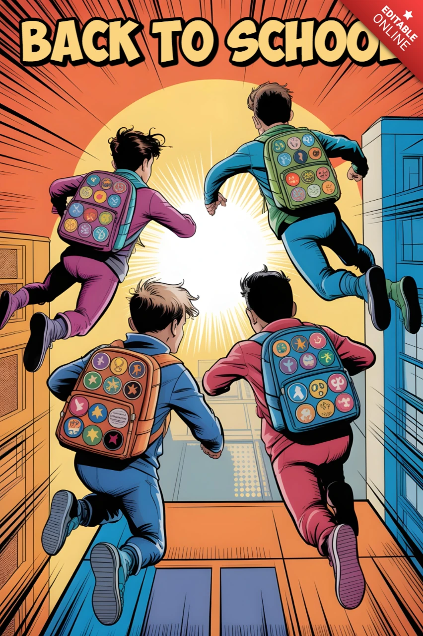 Back to School Students Jumping Toward Sunburst with Colorful Backpacks and Cityscape Poster Design Template