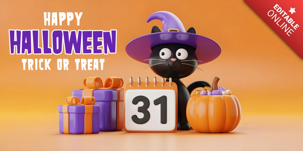 ハロウィン キャット ウィッチ ハット キティ、かぼちゃ & 10月31日 デコレーション フェイスブック カバー デザイン テンプレート