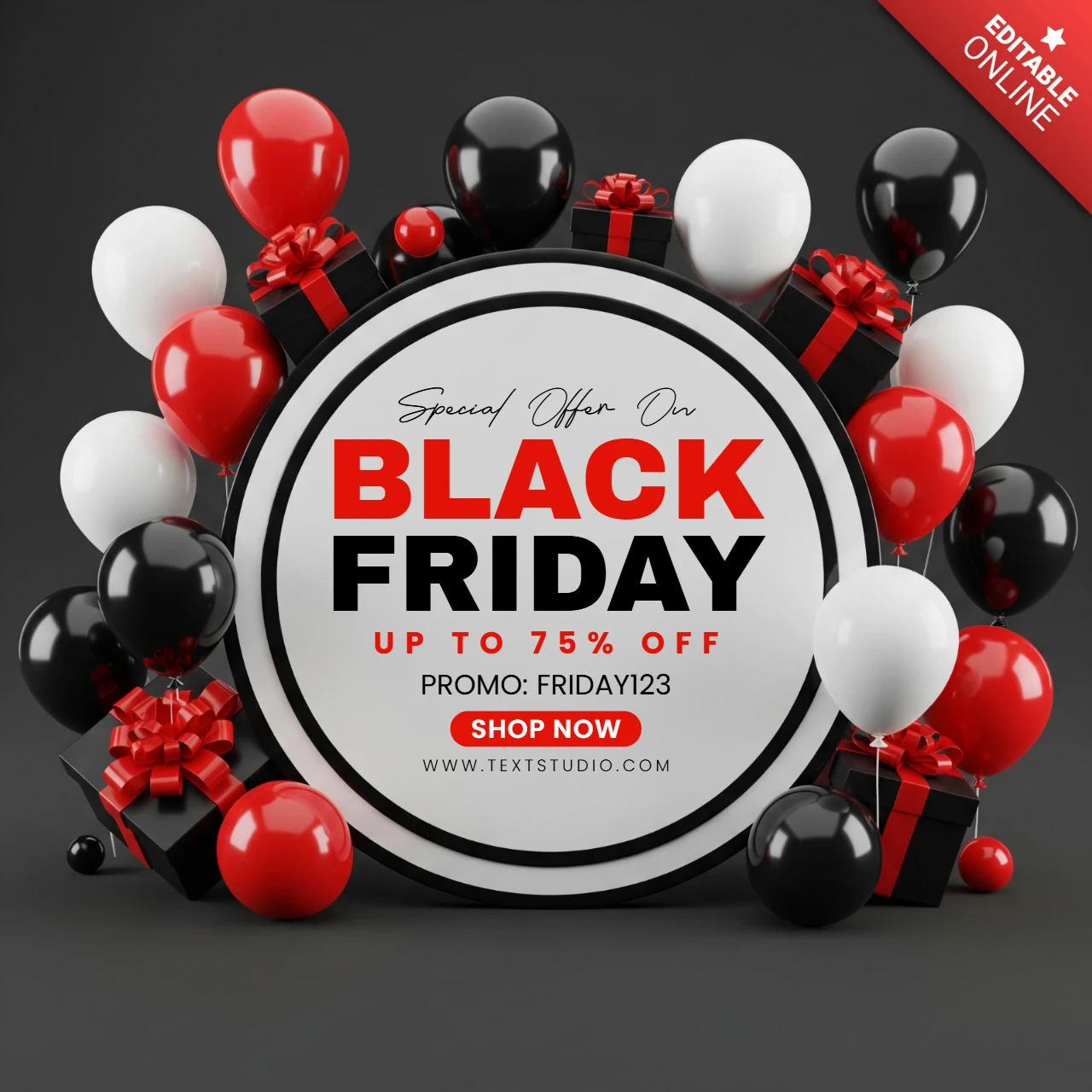 Pôster promocional da Black Friday, centro circular com balões vermelhos e pretos e caixas de presente, modelo de design para promoção de vendas.