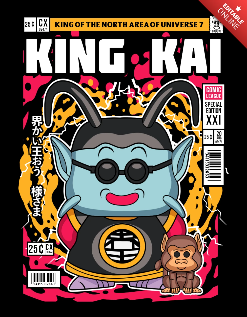 Design de capa de revista do personagem de desenho animado King kai & bubbles dragon ball