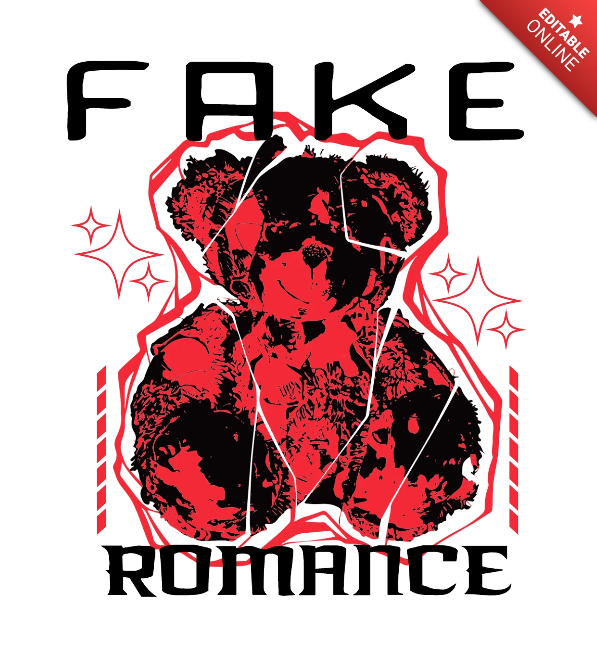 FAKE ROMANCE Broken Teddy Bear Graphic with Shattered Love Theme T-Shirt Design Template