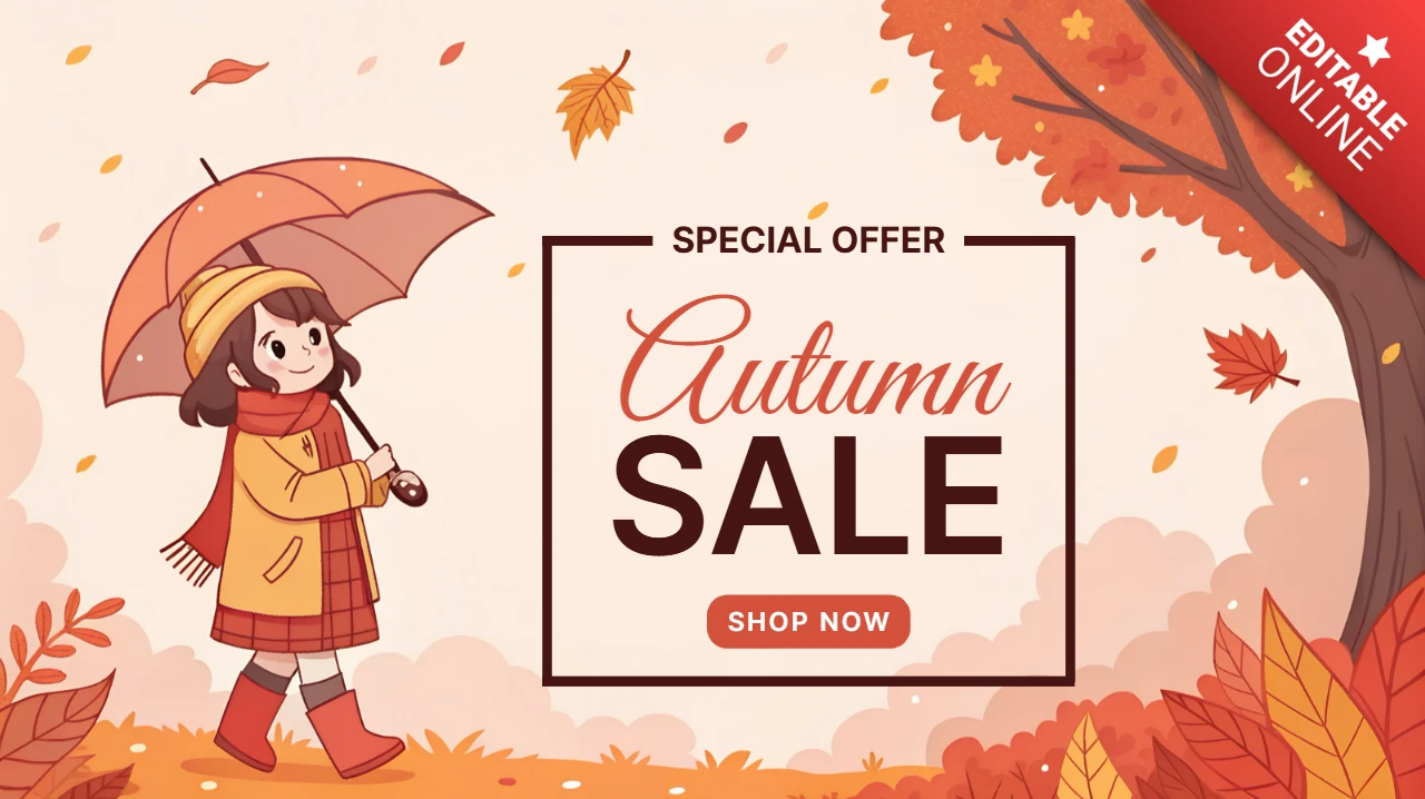 Autumn Sale Design Template with Playful Cartoon Character and Fall Leaves for Promotional Flyers