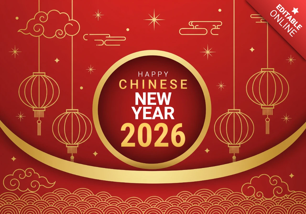 Pôster de celebração do ano novo chinês de 2026, design elegante em vermelho e dourado com lanternas, estrelas e motivos tradicionais.
