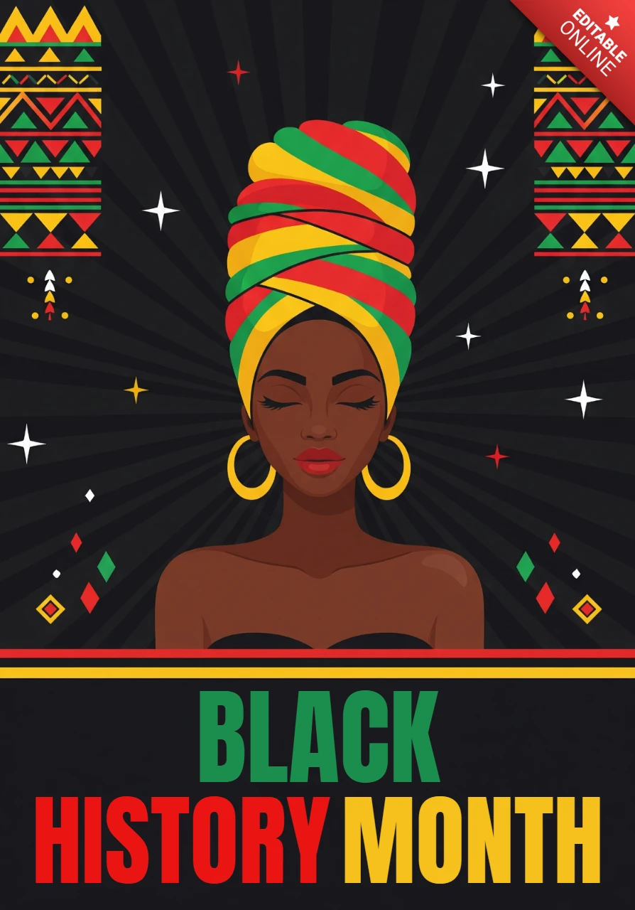 Celebra el mes de la historia negra 2026, cartel de empoderamiento con mujer con pañuelo en la cabeza, aretes de aro y colores panafricanos para el orgullo cultural.