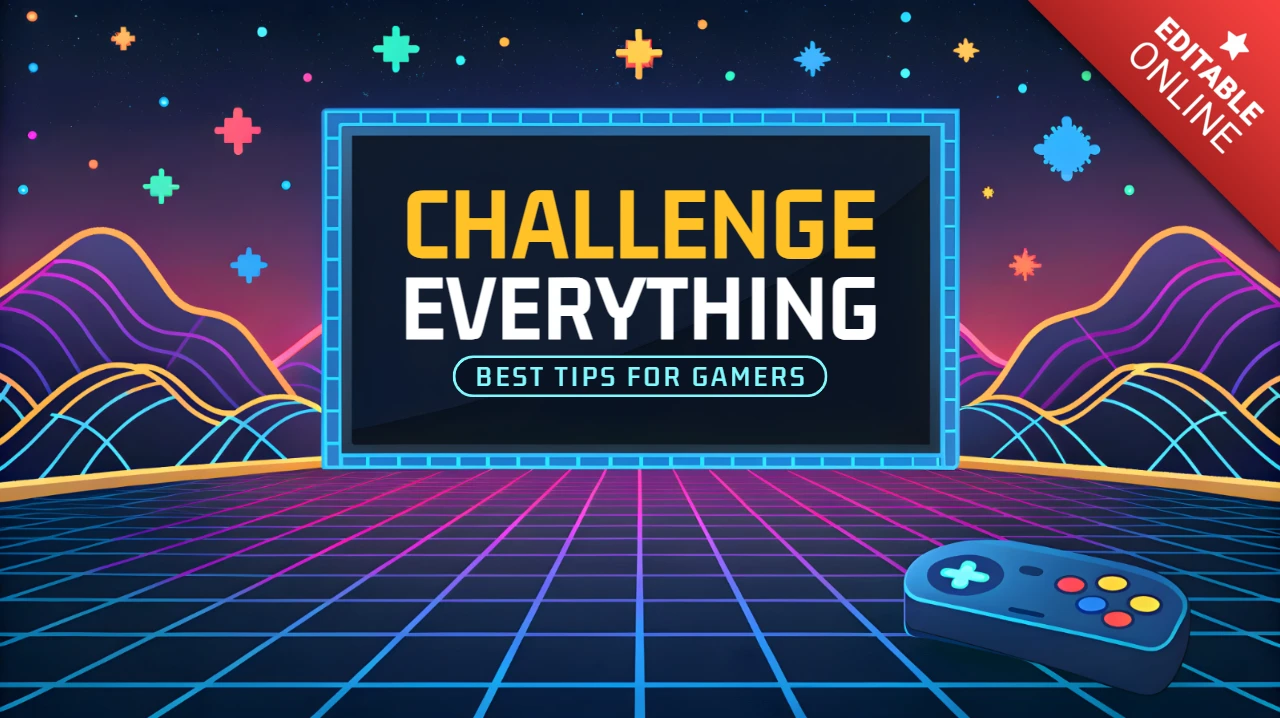 Retro-Gaming-Designvorlage mit Controller und Neonbergen