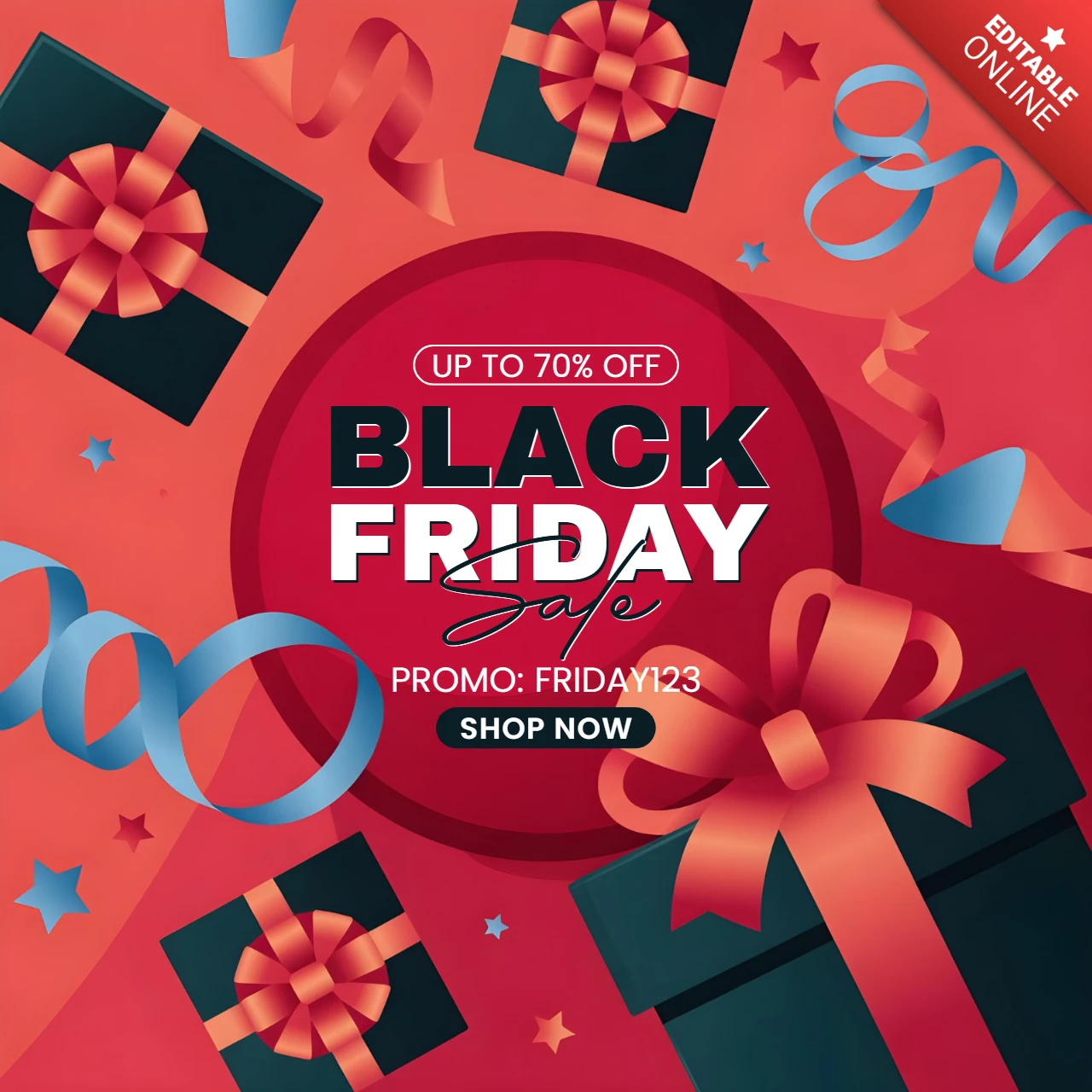 Póster publicitario de Black Friday en rojo y azul con temática de regalos, diseño con cintas decorativas y estrellas para promoción.