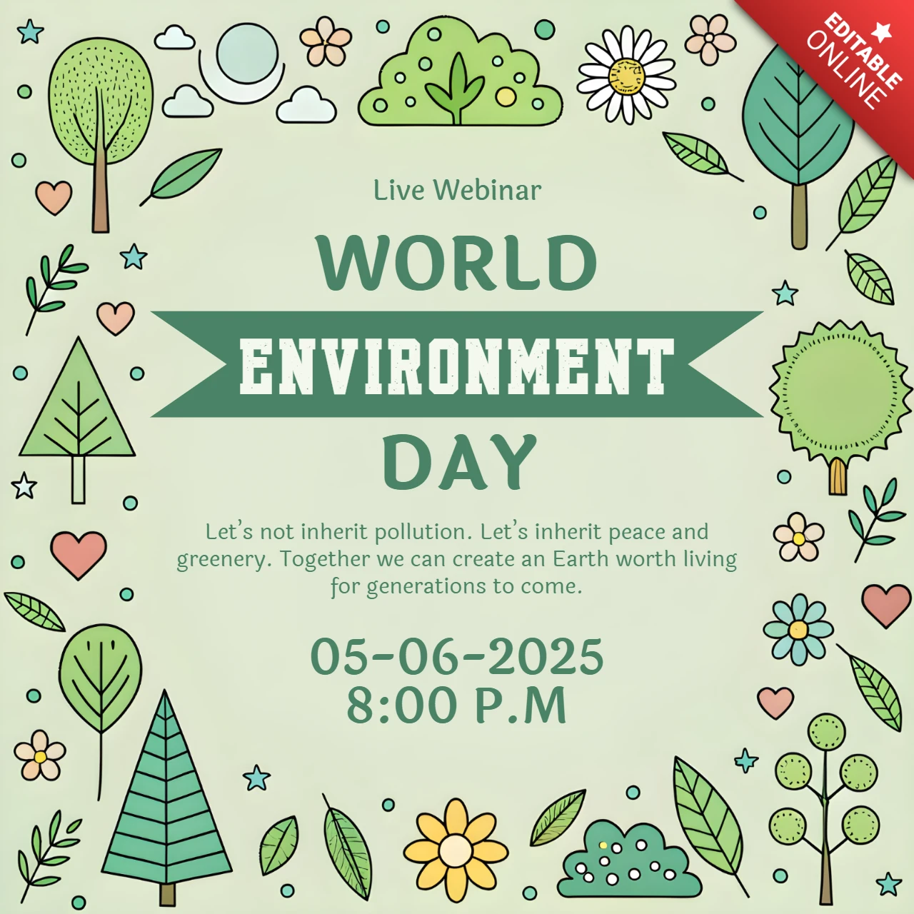 Folleto del seminario web con ilustraciones de la naturaleza para plantilla de diseño del día del medio ambiente.