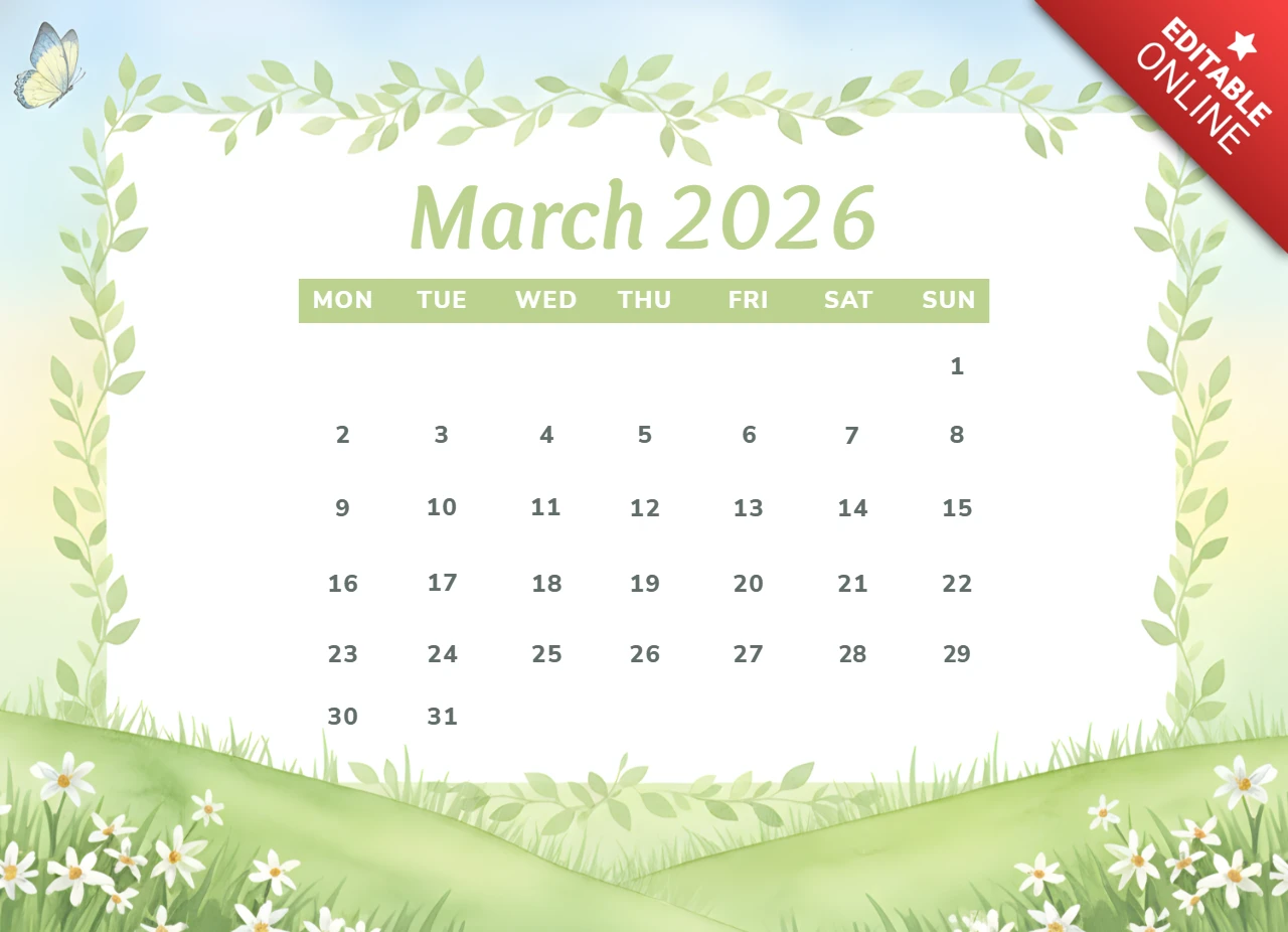 Cartel decorativo del calendario de marzo de 2026 con hojas verdes, mariposas y borde floral.