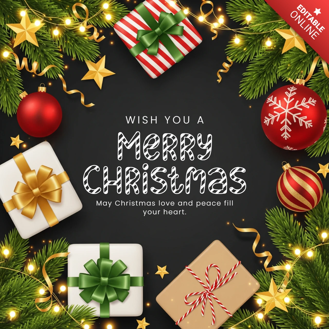 Carte de vœux de Noël fond noir avec guirlande de lumières, étoiles et cadeaux encadrant le message des fêtes modèle de design.