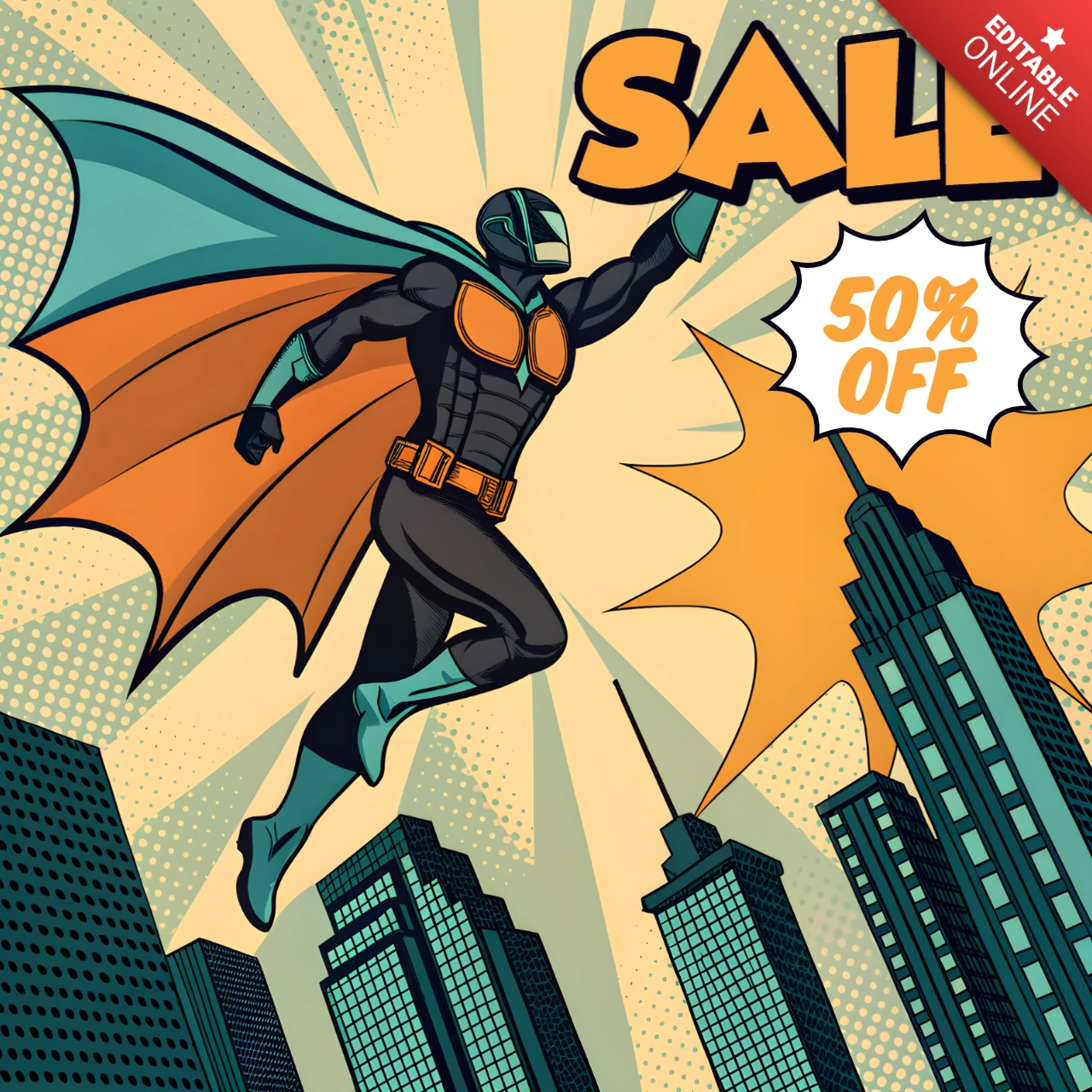Comic-Stil Superhelden-Verkaufsvorlage für Werbeflyer