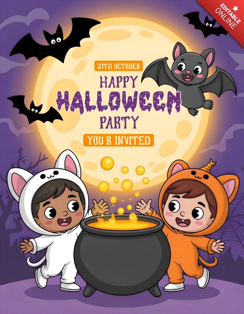 Plantilla de invitación para fiesta de Halloween con conejito y gato, niños con caldero brillante, luna llena y diseño de casa embrujada para festividades.