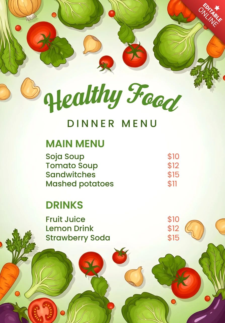 Template di design del menu di cibo sano con verdure colorate per uso ristorante