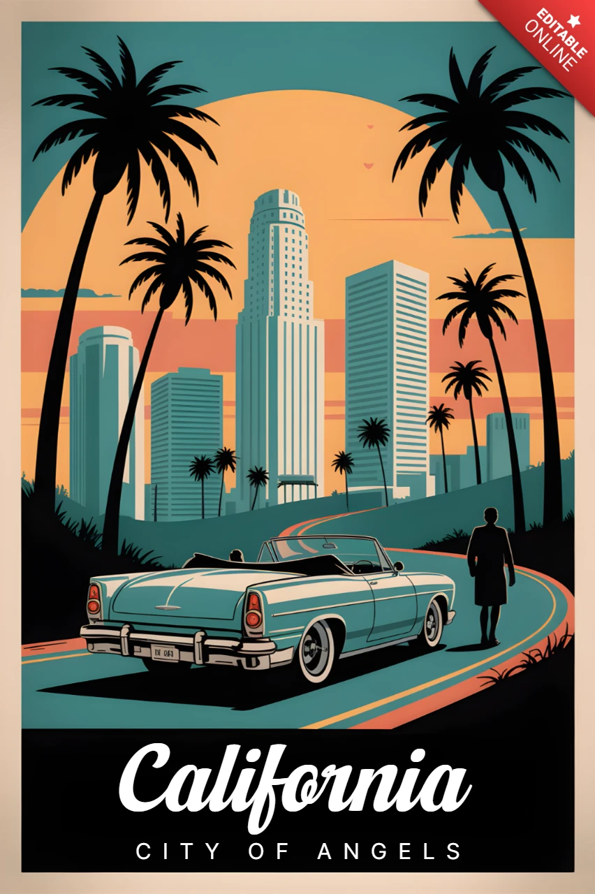 Cidade dos Anjos da Califórnia, design vintage para templates de pôsteres de viagem