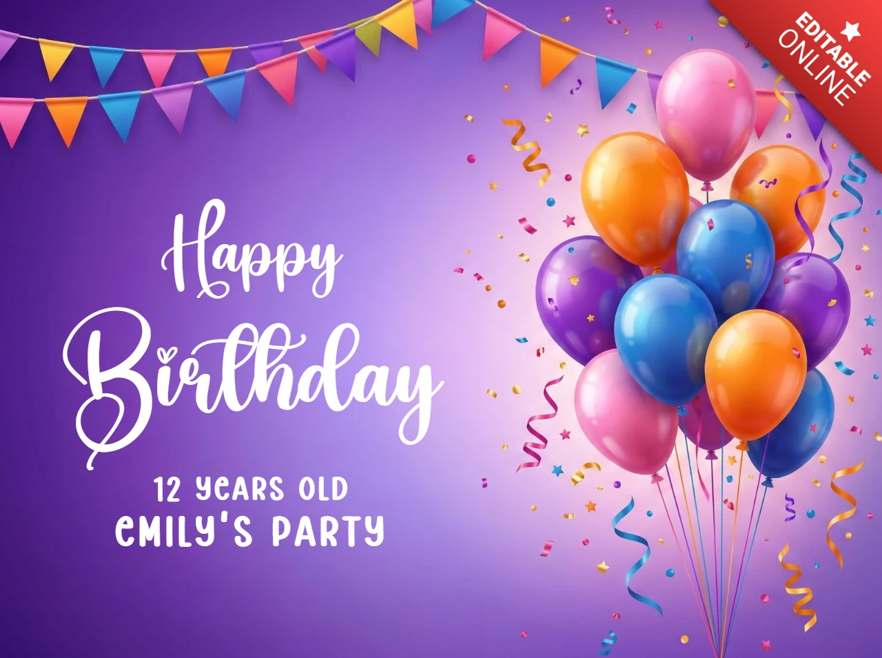 Pôster de feliz aniversário com fundo roxo, balões, bandeirinhas, confete e desejos alegres de aniversário.