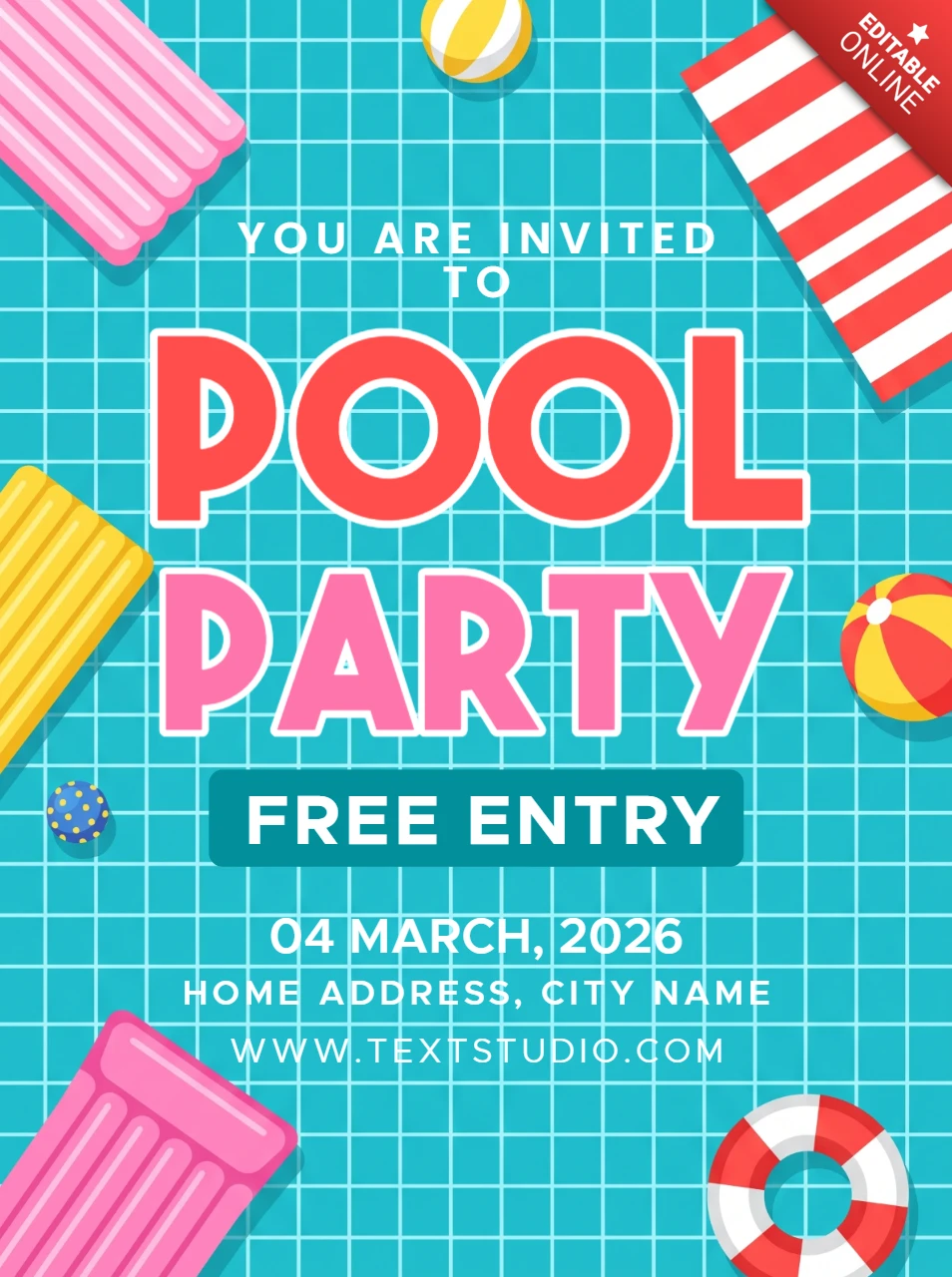 Colorful pool party invitation flyer with summer accessories like beach balls and floating rafts on a blue swimming pool water background