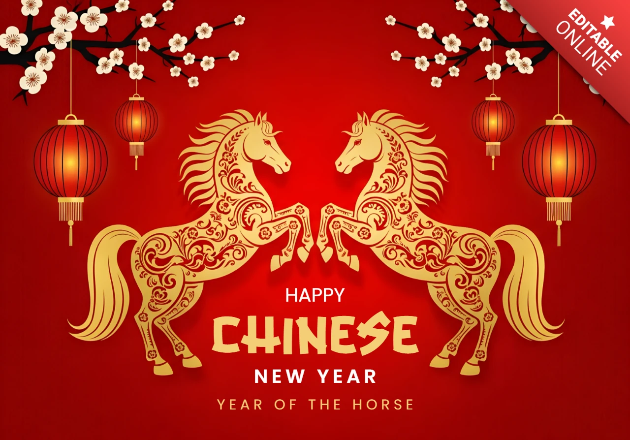 Template de design para o Ano Novo Chinês com cavalos dourados e lanternas para cartões de saudação festivos.