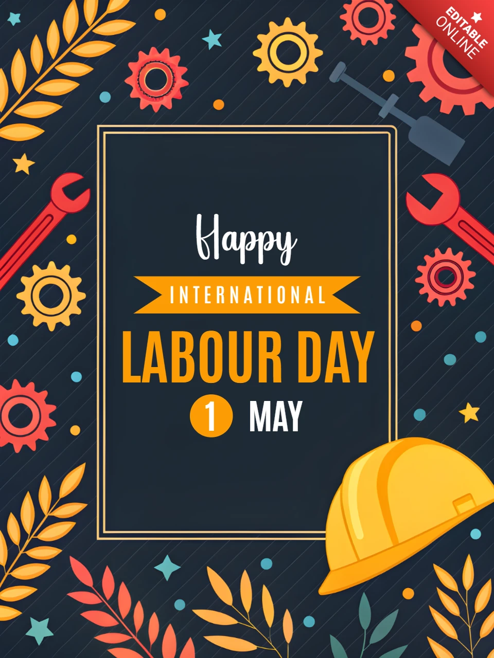 Colorful Labour Day Celebration Template Design with Tools and Gear Motif