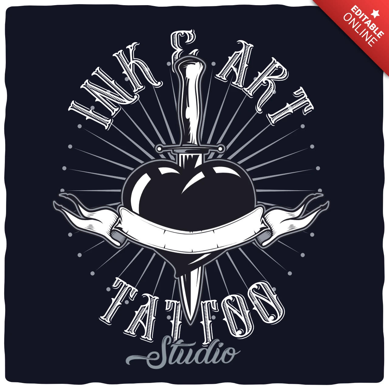 Corazón con cuchillo estudio de tatuaje retro plantilla de diseño de camiseta