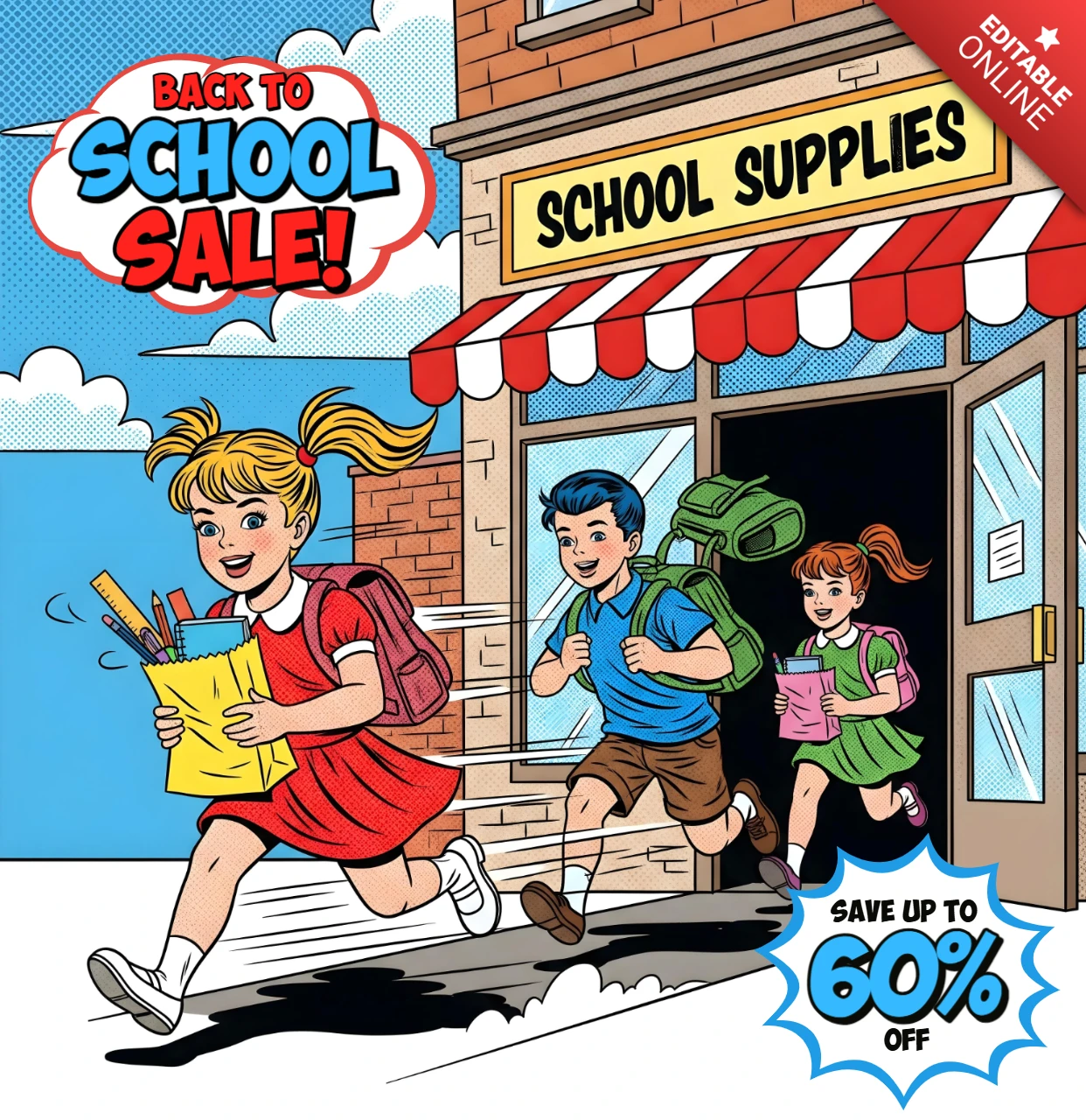 Forniture scolastiche allegre fumetti bambini con zaini e banner di design per la vendita di ritorno a scuola con il 60% di sconto per volantini promozionali