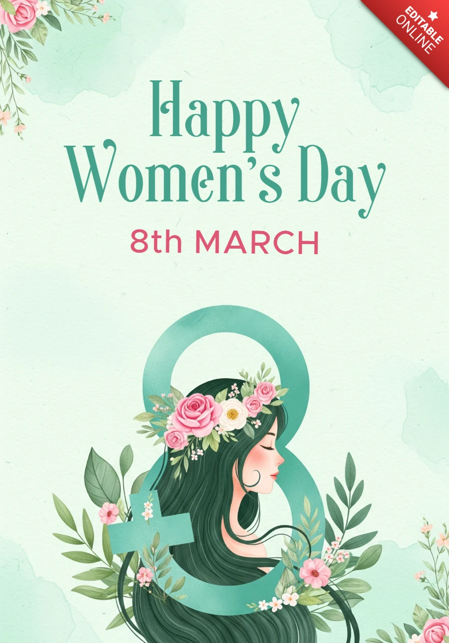 Template de cartaz para o Dia Internacional da Mulher feliz com ilustração de mulher dentro do número 8 e motivos florais decorativos.