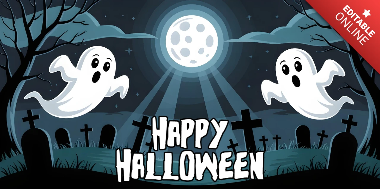 Halloween-spukender Friedhof, blattlose Bäume & ängstliche Geisterausdrücke Facebook-Cover-Design-Vorlage