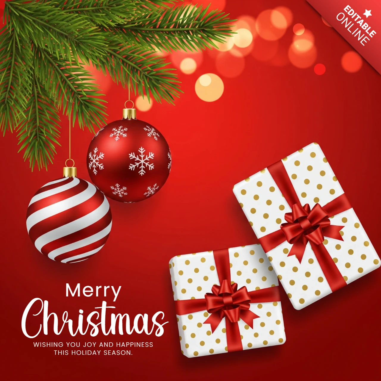 Cartão de Natal com guirlanda decorativa, ornamentos e presentes ao redor de um alegre design de saudação festiva.