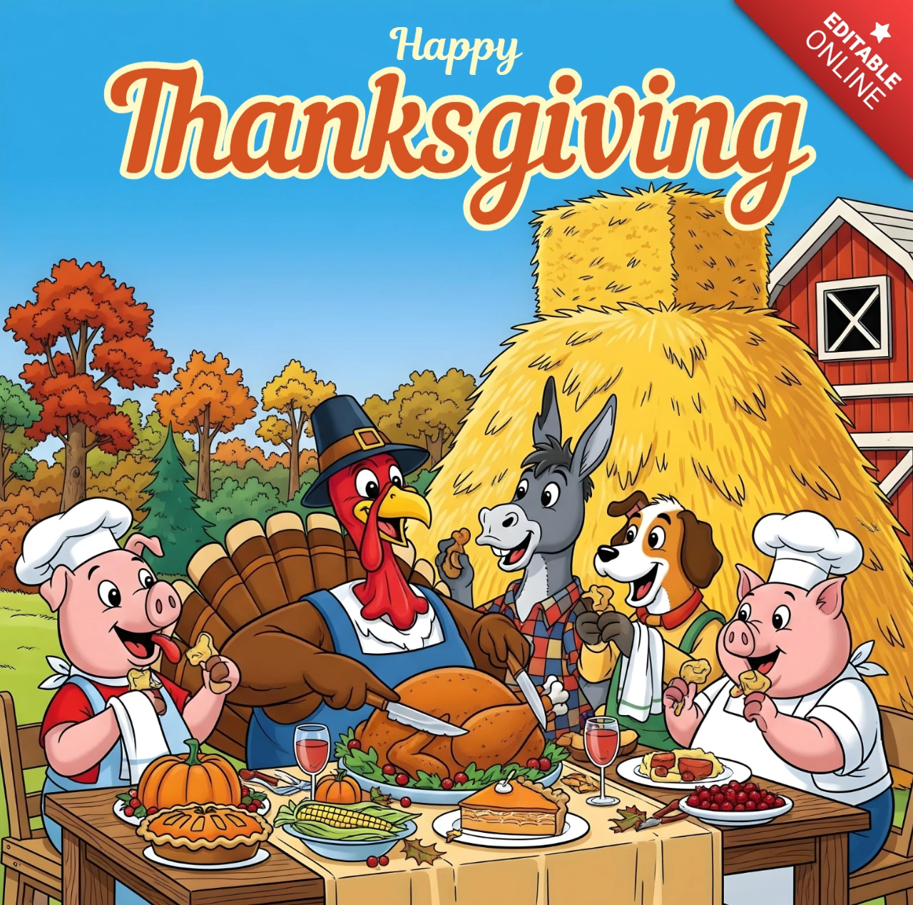 Thanksgiving Greeting Card Cartoon Farm Animals Sharing Feast with Turkey, Pigs, Donkey & Dog in Autumn Barnyard Banner Design Template
