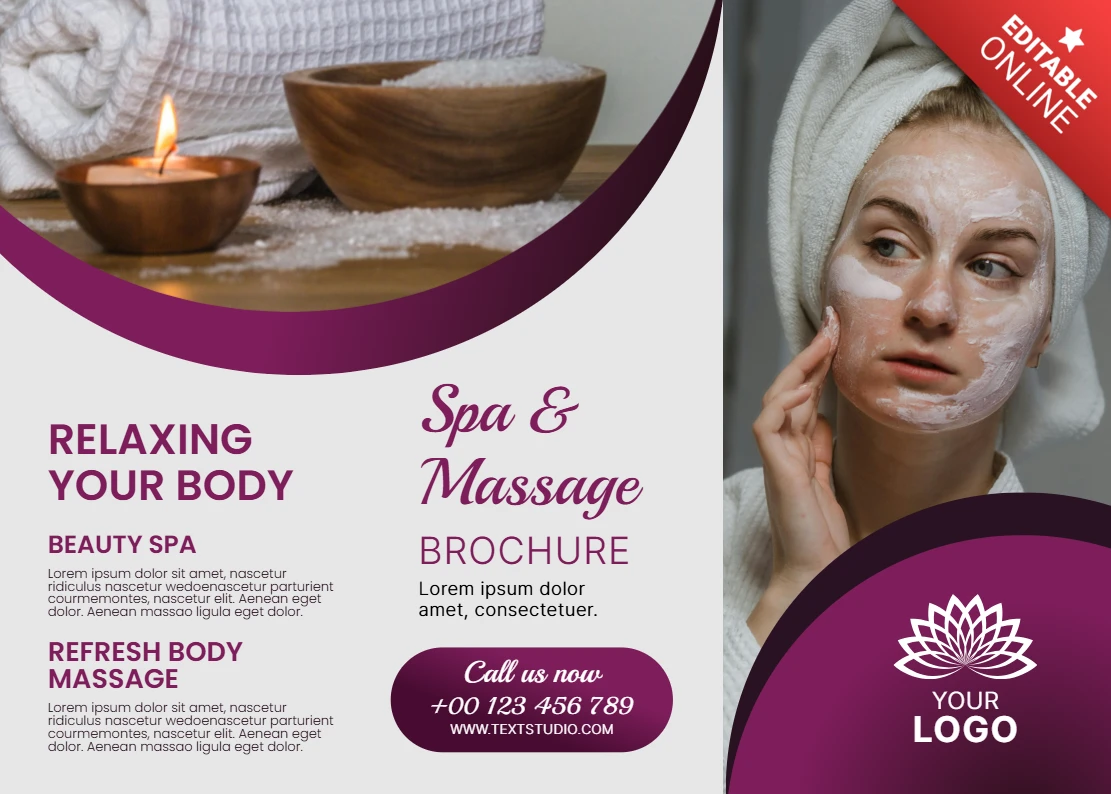 Elegante modello di brochure per spa e massaggi con elementi di relax e design rilassante