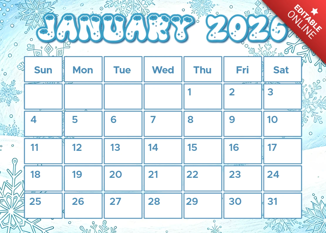 Winter Snowflake Calendar Template Design for 2026