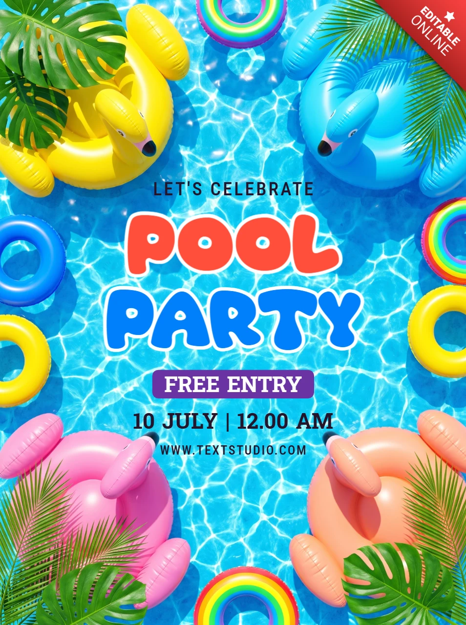 Colorful summer pool party invitation flyer with floating rings and tropical leaves on blue water background