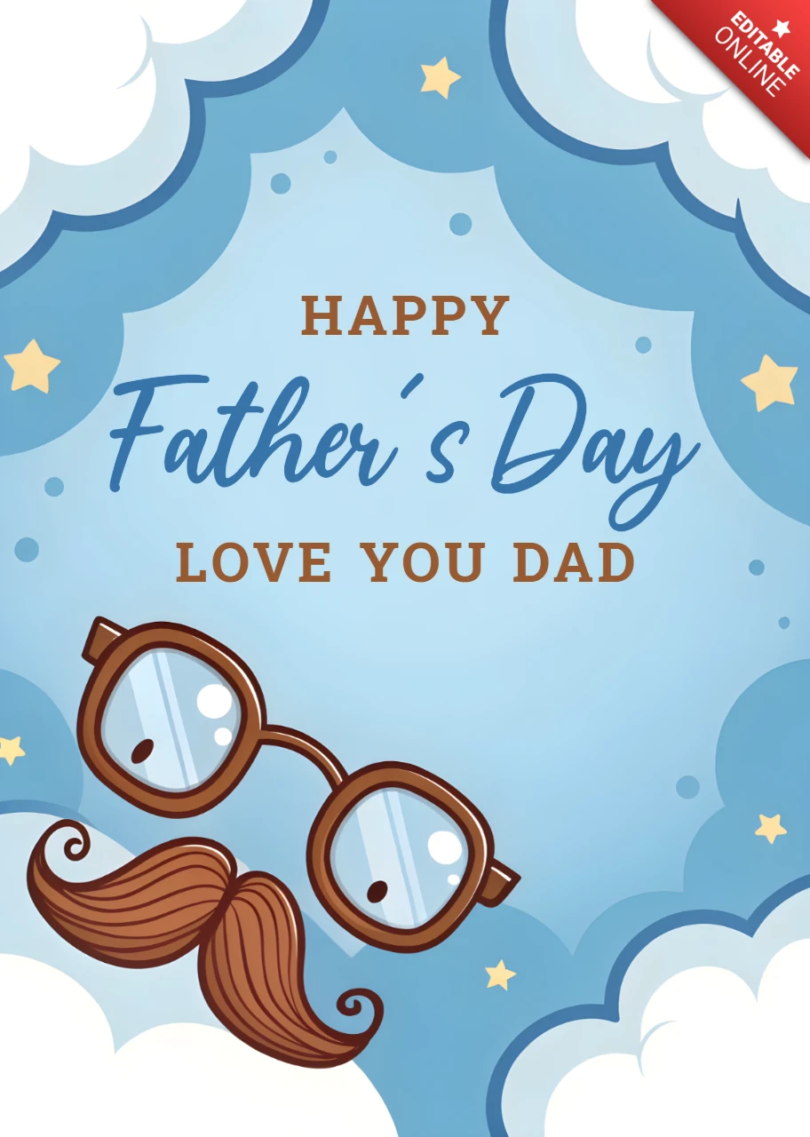 Funny Father's Day Card Template with Glasses and Mustache Cartoonish Design