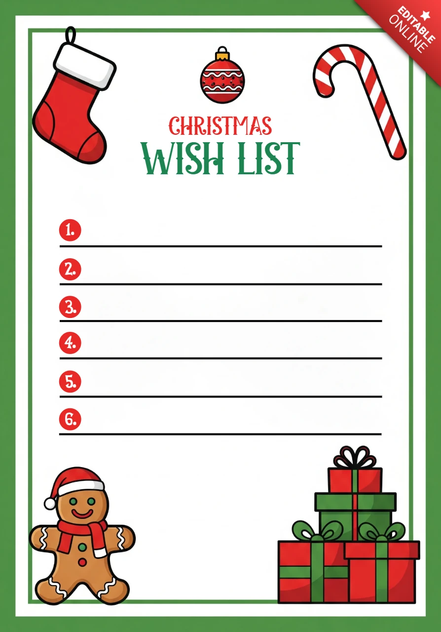 Christmas Wish List Template Festive Design with Gingerbread Man, Stocking, Candy Cane, and Presents