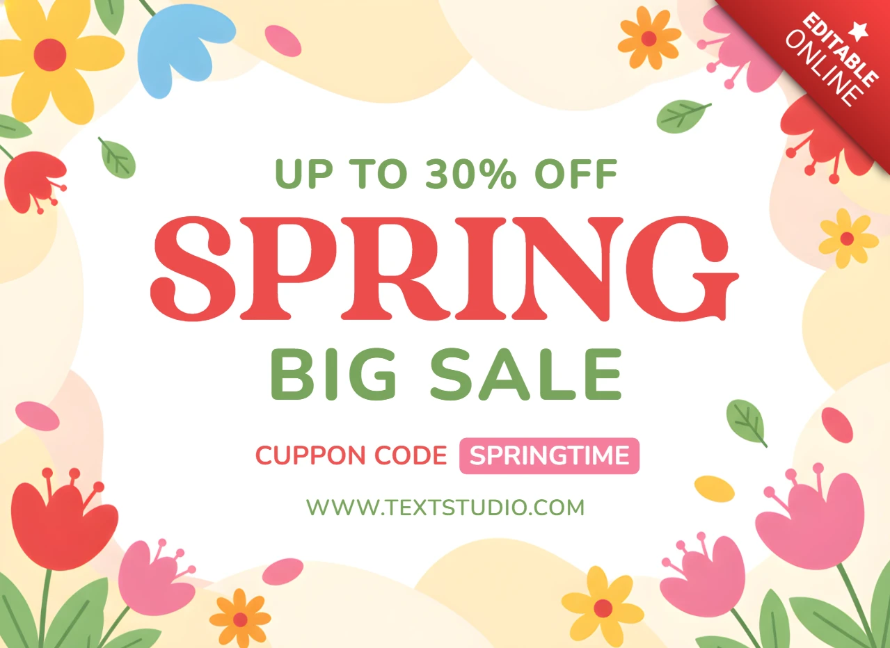 Cartel de gran venta de primavera - borde floral con tulipanes, narcisos y código de descuento de hasta el 30%