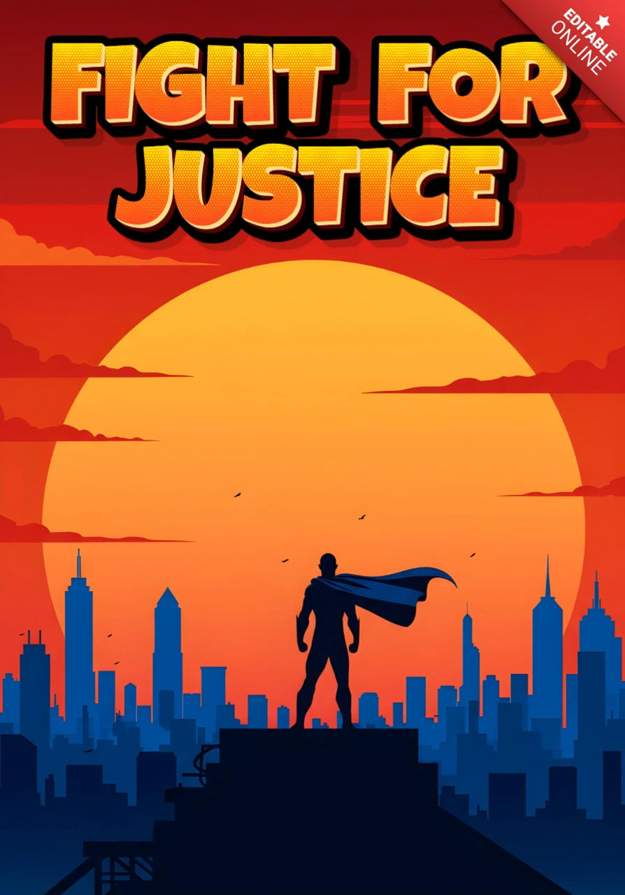 Comic-Stil Held dramatische Skyline mit caped Figur & ermutigende Typografie Poster-Design-Vorlage