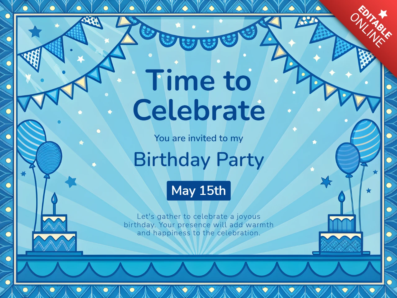 Plantilla de diseño de invitación de cumpleaños festivo en azul