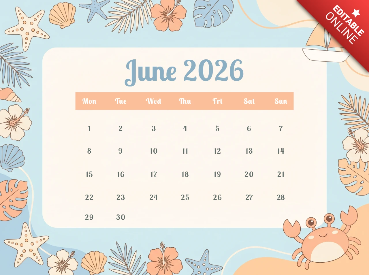 June 2026 Calendar, Beach Theme with Seashells, Smiling Crab, Coloring Pages, and Classroom Activity Ideas
