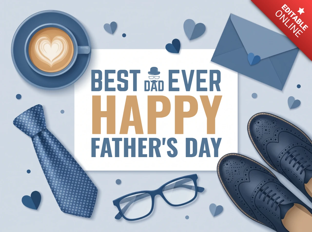 Vaderdag 2026 feestelijke poster met blauwe nette schoenen, stropdas, bril, koffiekopje, hart schuim, blauwe envelop, harten en heldhaftige vader viering