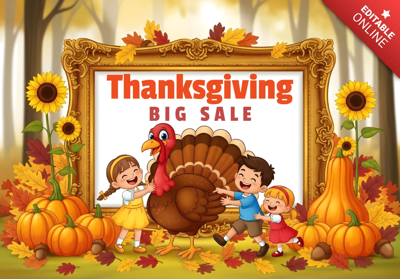 Plantilla de diseño de banner promocional de venta de Acción de Gracias con dibujos animados de niños y pavo con calabazas, girasoles y un marco dorado ornamentado.